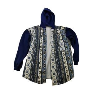 Vintage Mo Mart Western Print Full Button Hoodie Sweatshirt Size L Blue